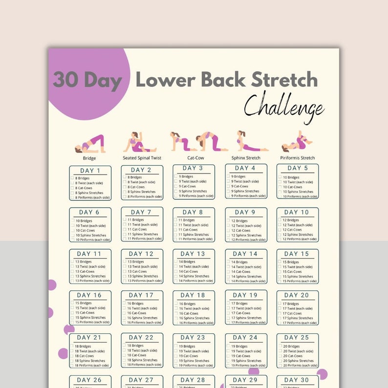 May include: A 30-day lower back stretch challenge chart with illustrations of different yoga poses. The chart is divided into 30 days, with each day listing the number of repetitions for each pose: Bridge, Seated Spinal Twist, Cat-Cow, Sphinx Stretch, and Piriformis Stretch.