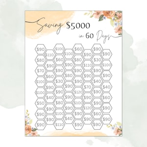 May include: A printable chart with a floral design and the text "Saving $5000 in 60 Days". The chart is divided into a grid of hexagons, each containing a dollar amount.