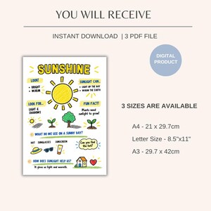 May include: A digital educational poster titled SUNSHINE featuring a yellow sun illustration, plant drawings, and text explaining sunlight benefits. It lists three sizes: A4 at 21 x 29.7cm, Letter Size at 8.5"x11", and A3 at 29.7 x 42cm.