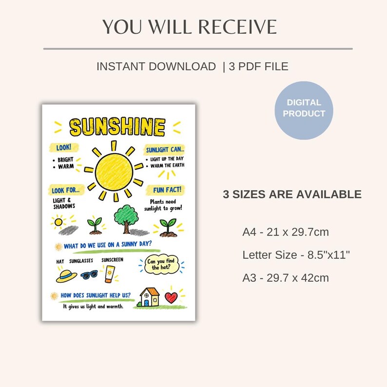 May include: A digital educational poster titled SUNSHINE featuring a yellow sun illustration, plant drawings, and text explaining sunlight benefits. It lists three sizes: A4 at 21 x 29.7cm, Letter Size at 8.5"x11", and A3 at 29.7 x 42cm.