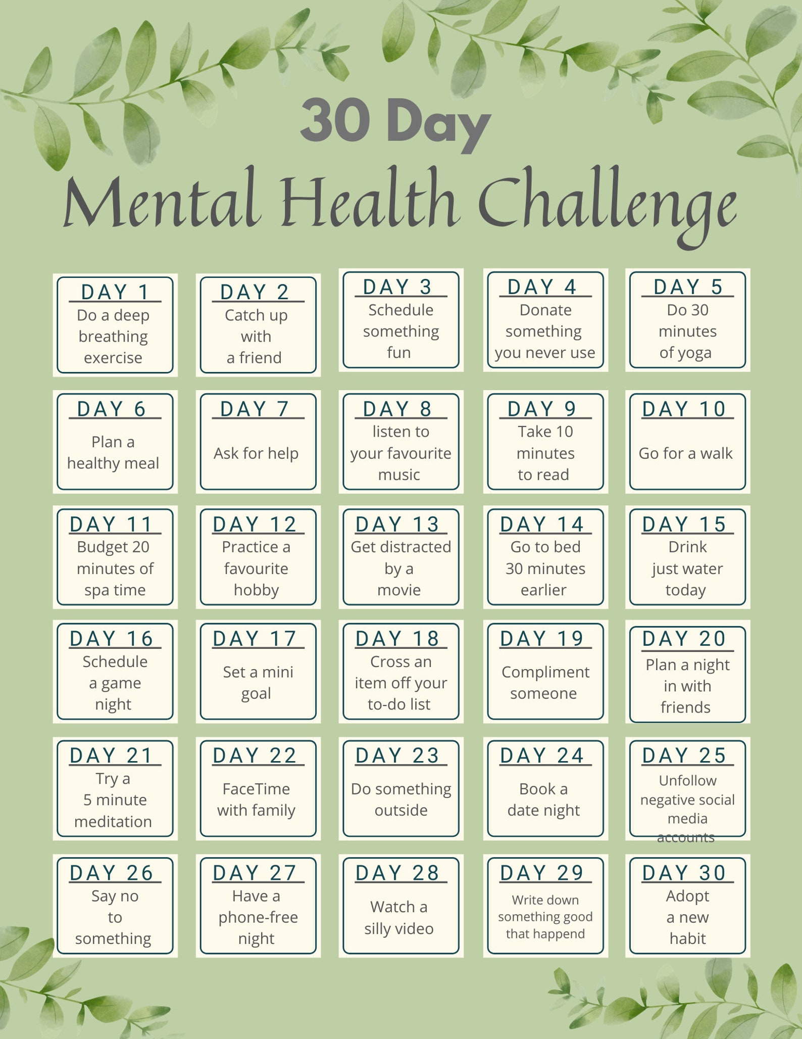 30 Day Mental Health Challenge Guide And Empty Self Worksheet Etsy
