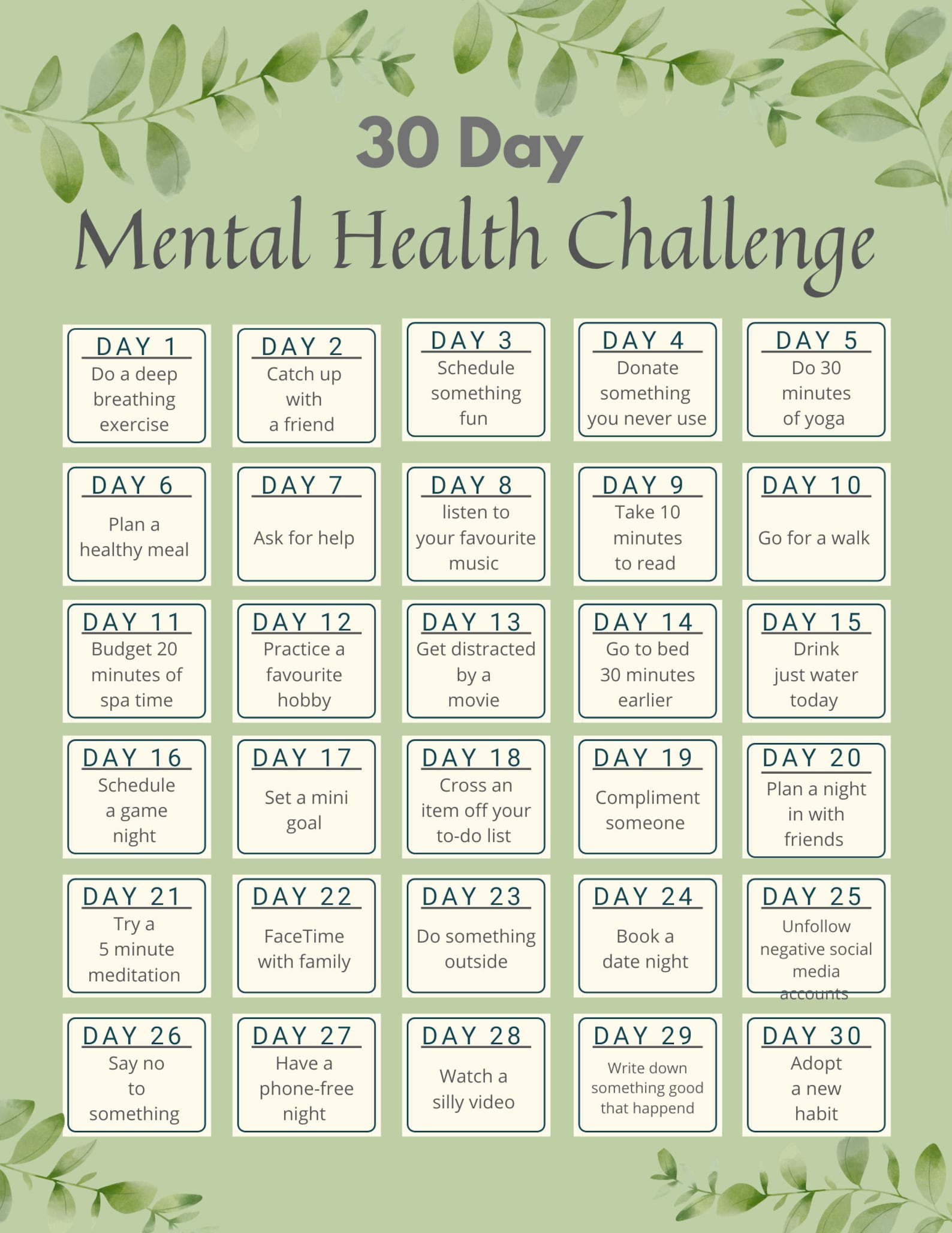 30 Day Mental Health Challenge Guide And Empty Self Worksheet Etsy