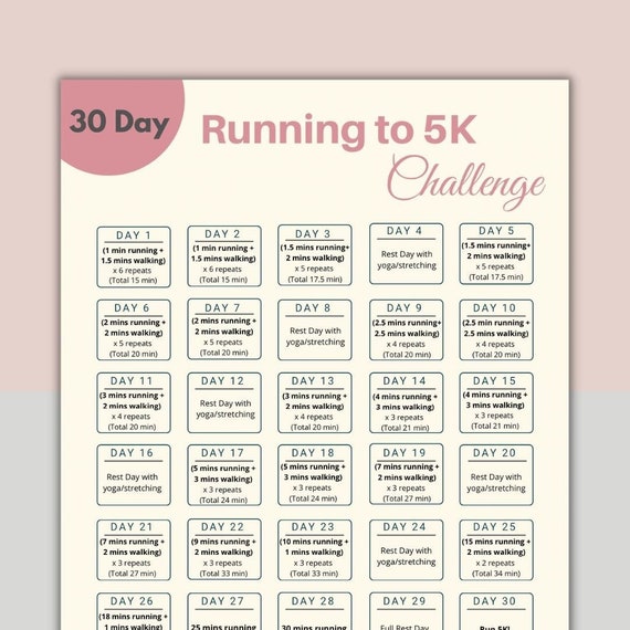 30 Day Running 5K Challenge Printable Running Tracker Digital Workout Planner Etsy