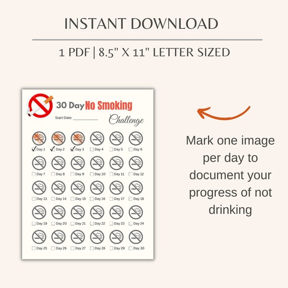 30 Day No Smoking Challenge Printable | Quit Smoking Journey |  Nicotine-free Tracker | No Cigarettes Digital Downloads