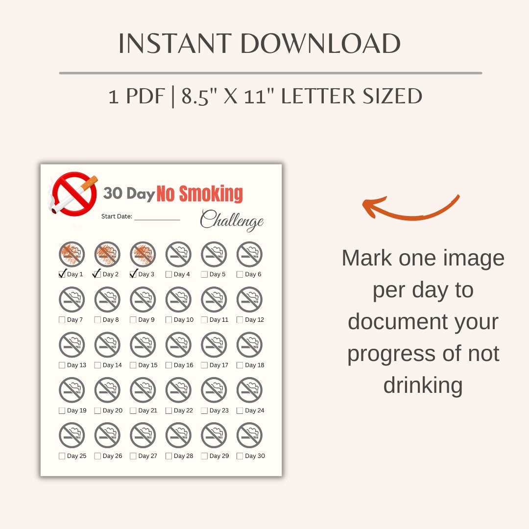 30 Day No Smoking Challenge Printable | Quit Smoking Journey |  Nicotine-free Tracker | No Cigarettes Digital Downloads