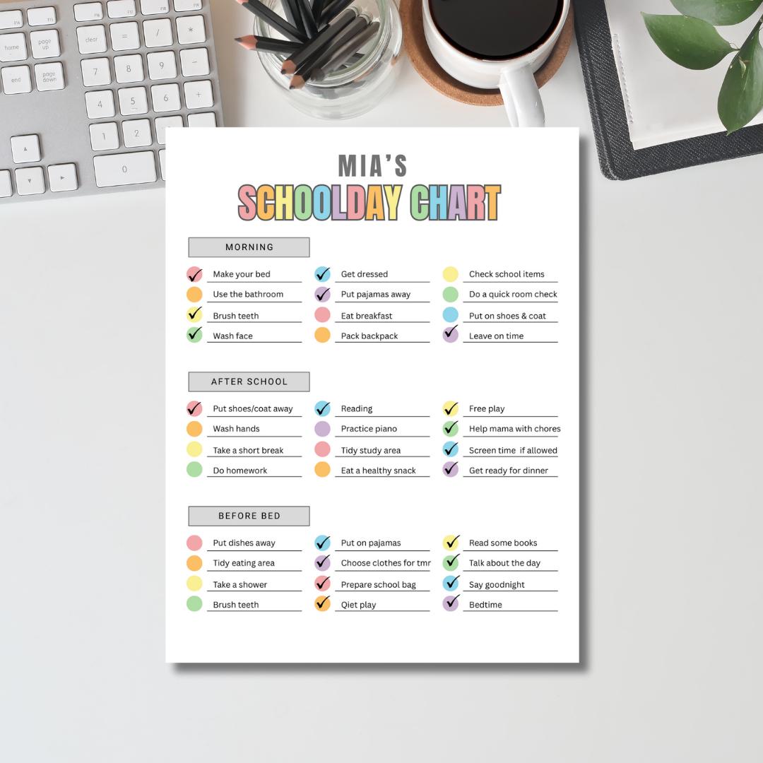 School Routine Chart Printable Kids Schoolday Chart Printable | Editable Kids Routine Chart | Kid ...
