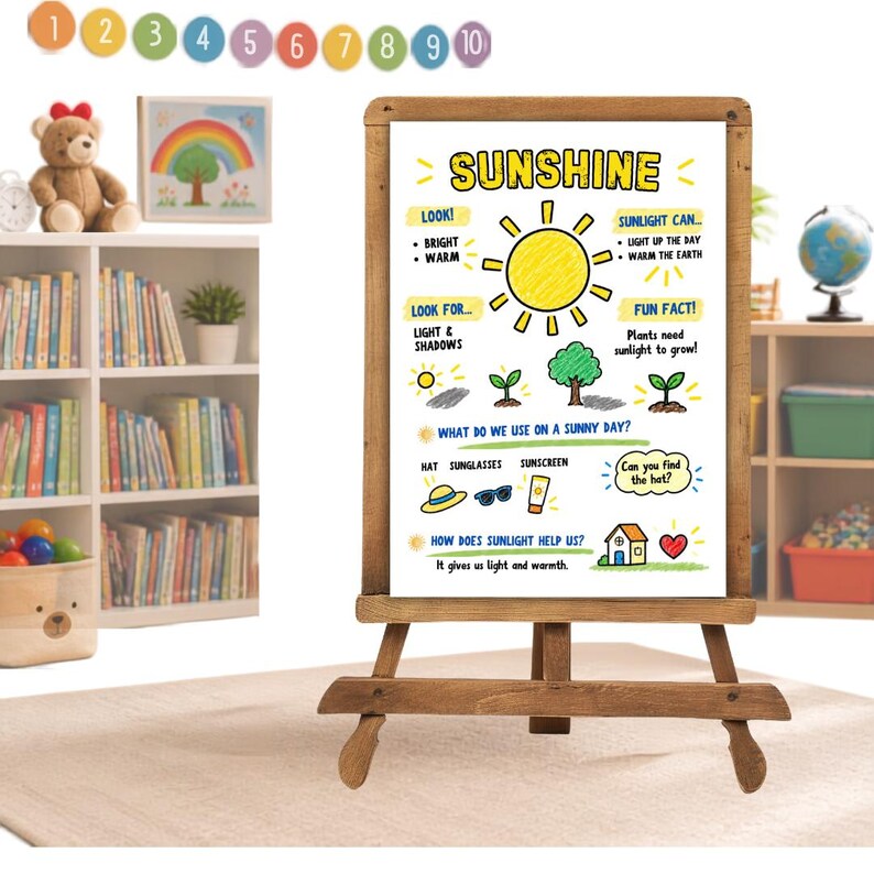 May include: A wooden easel displays an educational poster titled SUNSHINE, featuring a yellow sun illustration, text about sunlight, plant growth, and protective items like hats, sunglasses, and sunscreen, with colorful drawings and diagrams.