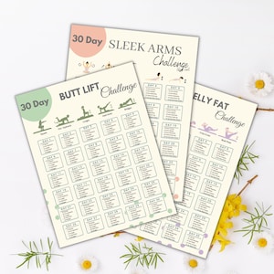 May include: Three printable workout charts with a 30-day challenge for different body parts. The charts are titled "30 Day Butt Lift Challenge", "30 Day Sleek Arms Challenge", and "30 Day Belly Fat Challenge". Each chart features a different exercise for each day of the month.