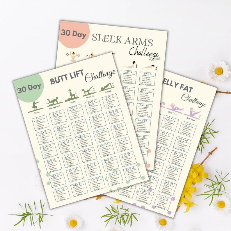 May include: Three printable workout charts with a 30-day challenge for different body parts. The charts are titled "30 Day Butt Lift Challenge", "30 Day Sleek Arms Challenge", and "30 Day Belly Fat Challenge". Each chart features a different exercise for each day of the month.