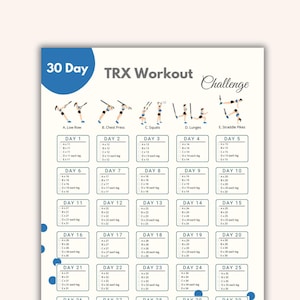 Può includere: Un grafico della sfida di allenamento TRX di 30 giorni. Il grafico presenta un'intestazione blu con il testo "30 Day TRX Workout" e un elenco di esercizi, tra cui rematori bassi, distensioni su panca, squat, affondi e picche a cavalcioni. Ogni giorno ha una serie di esercizi.