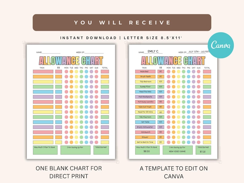 Kids Allowance Chart Printable | Editable Kids Chores Chart | Weekly Planner Kids | Canva Template Kids To Do List | Instant Download image 2