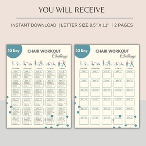 May include: A printable 30-day chair workout challenge with illustrations of exercises. The printable is divided into two pages, each with a light yellow background and a blue and white polka dot pattern. The text "30 Day Chair Workout Challenge" is at the top of each page.