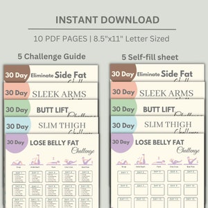 May include: A printable workout guide with 5 different 30-day challenges: Eliminate Side Fat, Sleek Arms, Butt Lift, Slim Thigh, and Lose Belly Fat. Each challenge includes a daily workout schedule with 5 exercises.