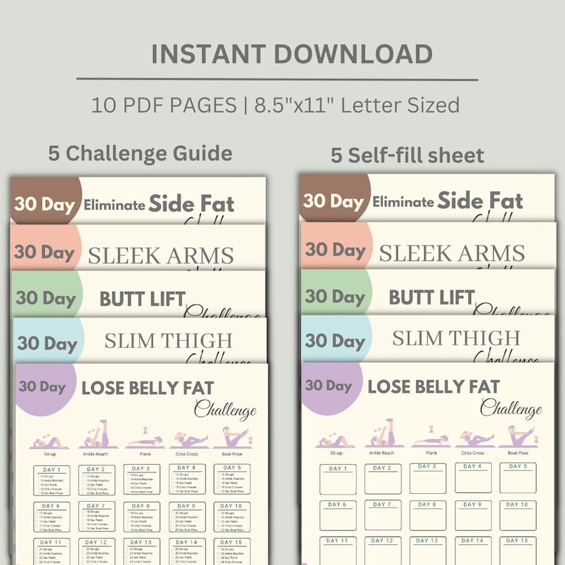 May include: A printable workout guide with 5 different 30-day challenges: Eliminate Side Fat, Sleek Arms, Butt Lift, Slim Thigh, and Lose Belly Fat. Each challenge includes a daily workout schedule with 5 exercises.