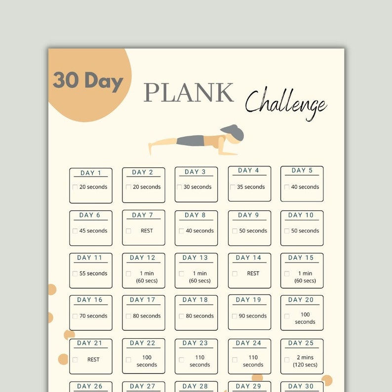 May include: A 30-day plank challenge chart with a cartoon illustration of a person doing a plank exercise. The chart includes daily goals for plank time, starting at 20 seconds and increasing to 2 minutes (120 seconds).