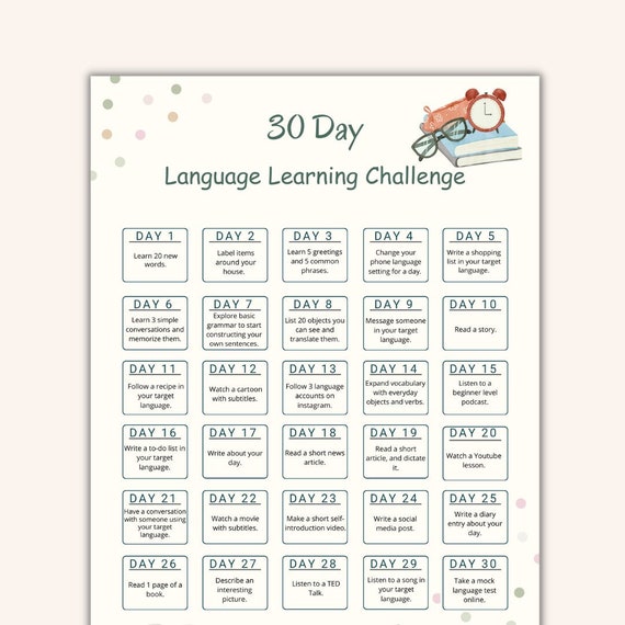 30 Day Language Learning Challenge Printable | New Language Study Planner For Daily language Practice Digital Language Study Planner