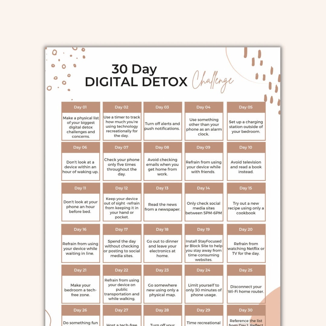30 Day Digital Detox Challenge Printable Digital Away Challenge Page