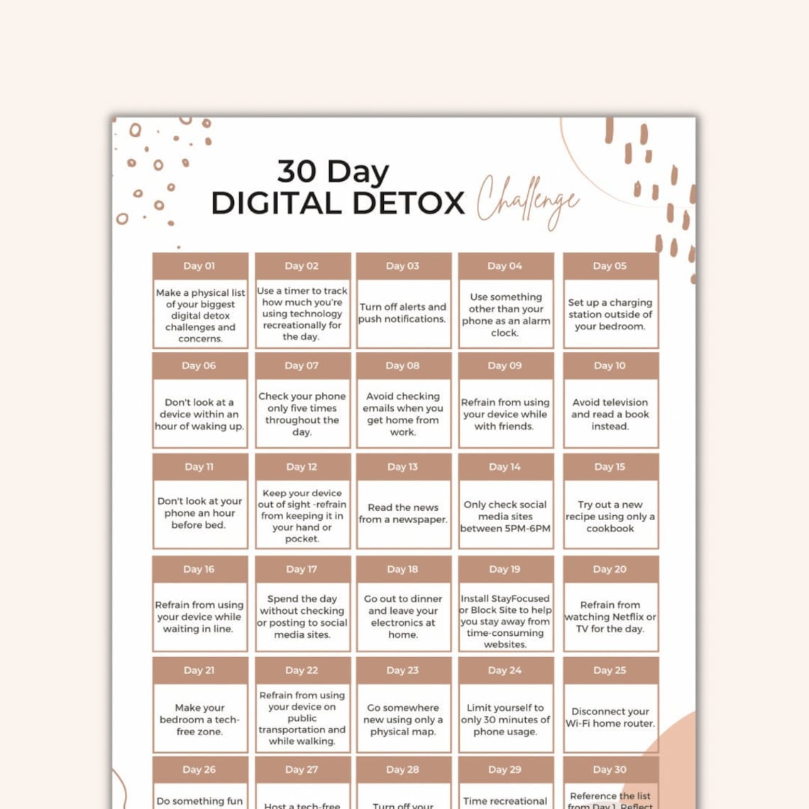 30 Day Digital Detox Challenge Printable Digital Away Etsy