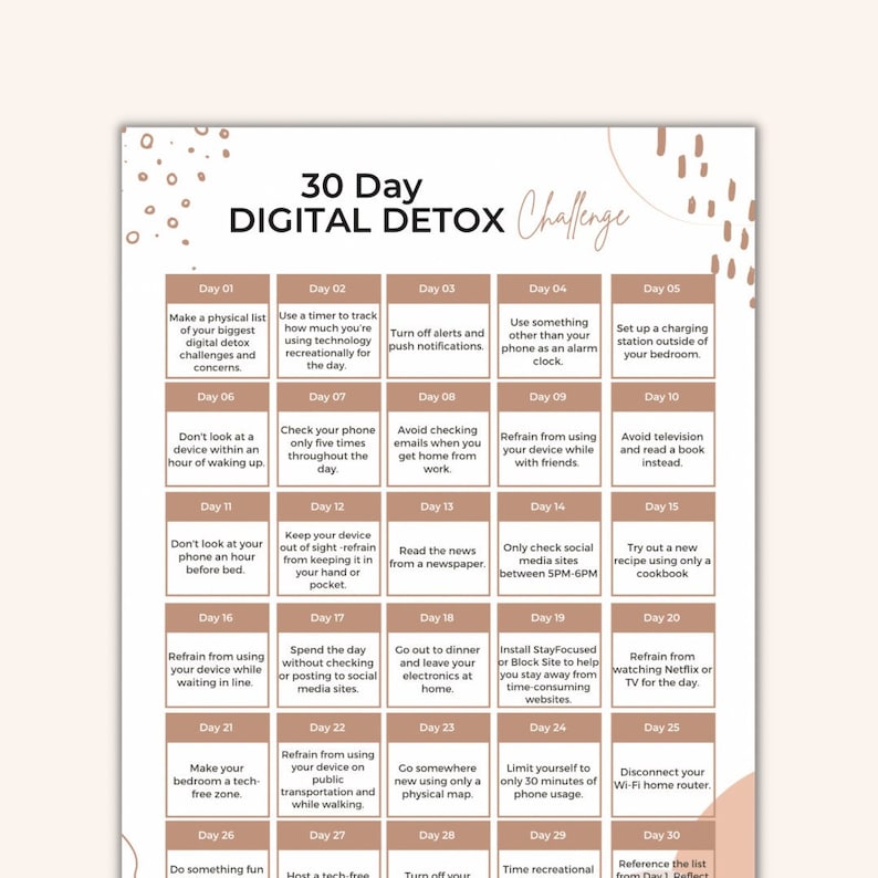 30 Day Digital Detox Challenge | Printable Digital Clutter Challenge ...