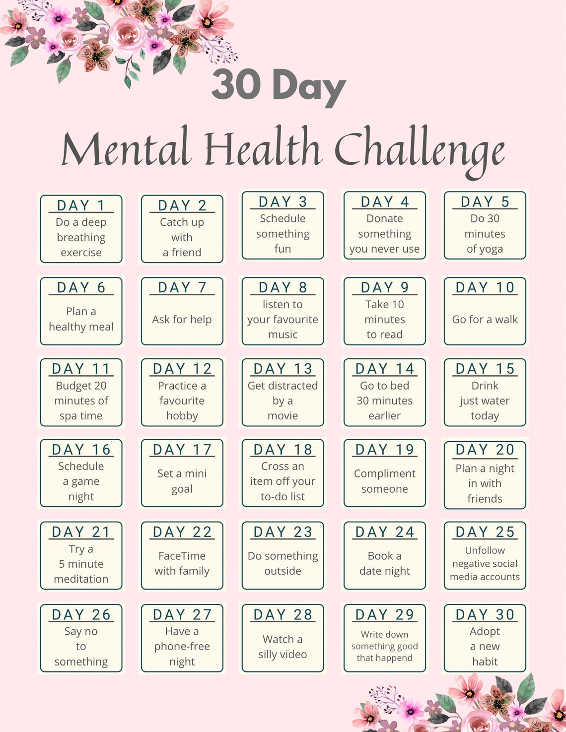 30 Day Mental Health Challenge Guide and Empty Worksheet - Etsy