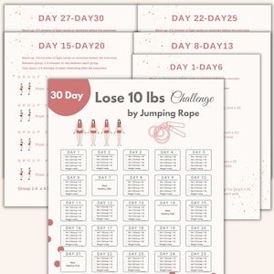 Pode incluir: Um plano de treino de 30 dias para perder 10 libras pulando corda. O gráfico inclui rotinas de treino diárias com séries e grupos de exercícios. O gráfico também inclui dias de descanso e dias de dieta saudável.