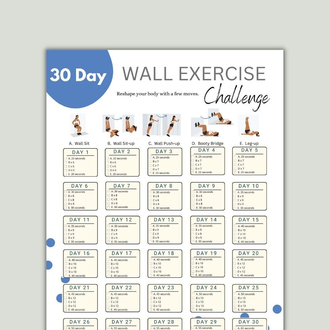 30 Day Wall Exercise Challenge Printable Wall Fitness Quick Workout Digital  Reshape Body Wall Pilates 