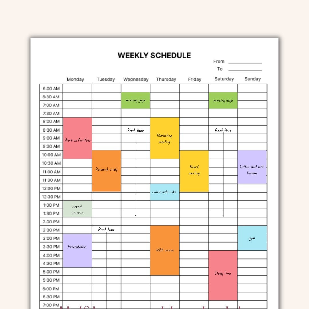 Half Hour Weekly Schedule Printable Digital Weekly Planner Etsy