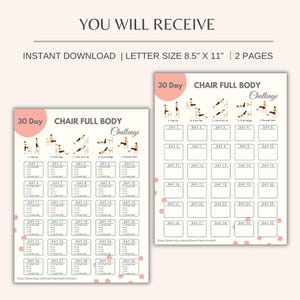 K&ouml;nnte beinhalten: Ein druckbarer 30-Tage-Stuhl-Ganzk&ouml;rper-Challenge-Trainingsplan. Der Sofort-Download umfasst zwei Seiten, je 21,6 cm x 27,9 cm, mit &Uuml;bungen f&uuml;r jeden Tag. Das Design hat ein rosa-wei&szlig;es Farbschema.