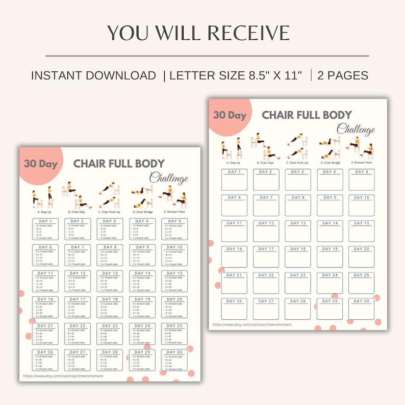 K&ouml;nnte beinhalten: Ein druckbarer 30-Tage-Stuhl-Ganzk&ouml;rper-Challenge-Trainingsplan. Der Sofort-Download umfasst zwei Seiten, je 21,6 cm x 27,9 cm, mit &Uuml;bungen f&uuml;r jeden Tag. Das Design hat ein rosa-wei&szlig;es Farbschema.