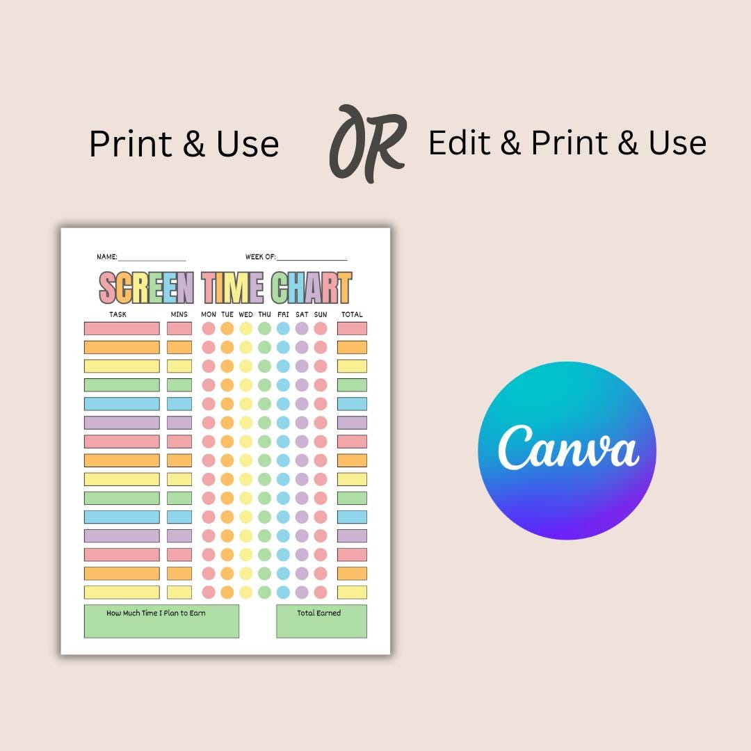 Sticker Chart Screen Time Kids Screen Time Reward Tracker | Editable Screen Time Management ...