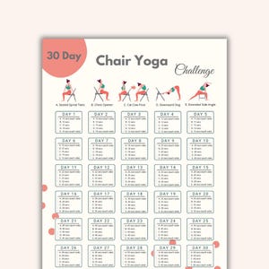 Sfida di 30 giorni di yoga sulla sedia stampabile / Programma di yoga sulla sedia / Planner di allenamento digitale da 10 minuti / Allenamento digitale in ufficio / Allenamento da seduti