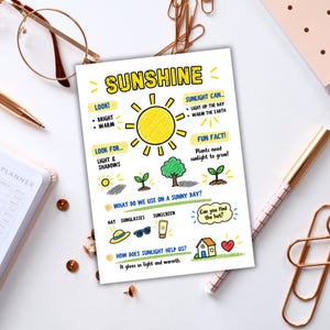 May include: An educational poster titled SUNSHINE featuring a yellow sun illustration, green plants, and text explaining sunlight benefits. It includes sections on light, shadows, and sunny day items like a hat, sunglasses, and sunscreen.