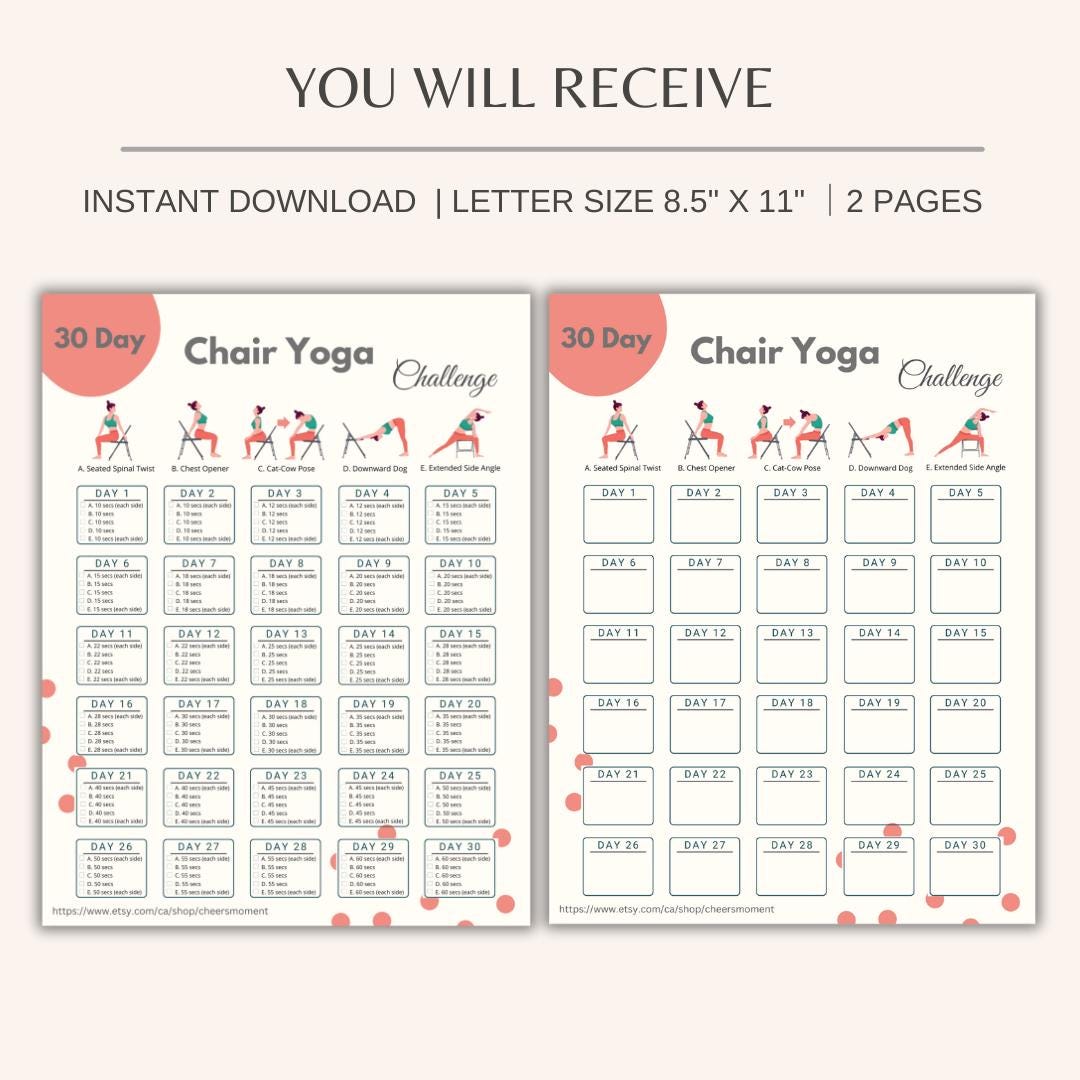 30 Day Chair Yoga Challenge Printable | Chair Yoga Program | 10 Mins ...