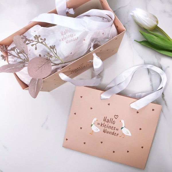 Gift bag - Hello little miracle - hearts - gift packaging - birth/baptism