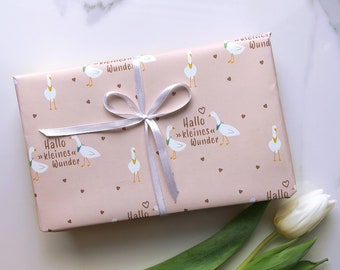 Geschenkpapier zur Geburt - 2 Seitig - Gänse +  Hallo kleines Wunder - beige