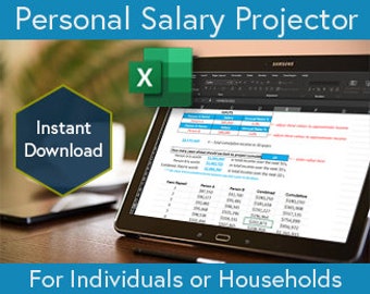 May include: A digital tablet displaying an Excel spreadsheet with the title "Personal Salary Projector". The spreadsheet contains financial data and calculations. The tablet is on a wooden desk with a pen next to it. The image also includes a green button with the text "Instant Download" and an Excel icon.