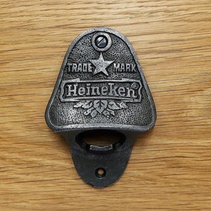 HEINEKEN Cast Iron Wall Mounted Bottle Opener - Bar Gift - Man Cave - Lady Shed - Vintage Home Decor - Antique - Cast and Wood