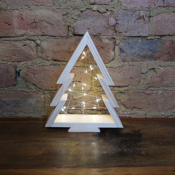 LED Christmas Tree - Small 27cm - Handmade Natural Wooden Decoration - Eco-Friendly - Fairy Light Seasonal Decor