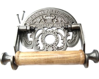 Antique Cast Iron Toilet Roll Holder: Light Wood Detail