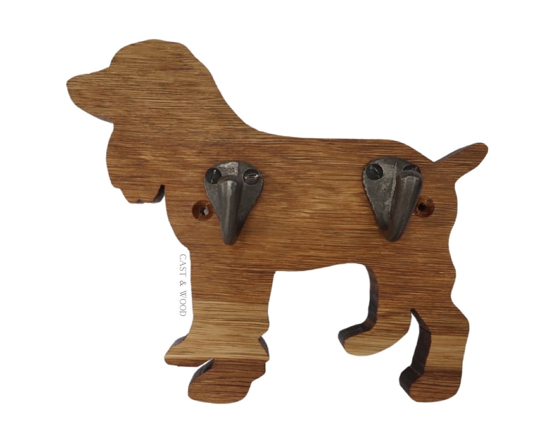 Cocker Spaniel Dog Lead Holder Solid Oak Double Cast Iron Hook Animal