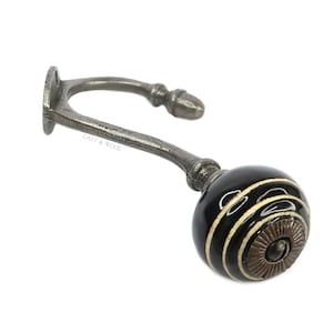 Black / White Stripe Acorn Double Coat Hook - Antique Cast Iron - Ceramic Detail - Vintage Home Decor - Rustic Wall Hanger - Cast and Wood