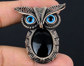 Schwarzer Onyx Eule Anhänger Kupferdraht gewickelt Anhänger echter Edelstein Designer Handcrafted Kupfer Schmuck Geschenk Schwarzer Onyx Anhänger