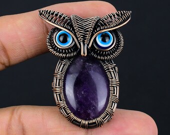Afrikanische Amethyst Eule Anhänger Kupferdraht eingewickelt Schmuck echter Edelstein Designer handgefertigte Anhänger für Geschenk
