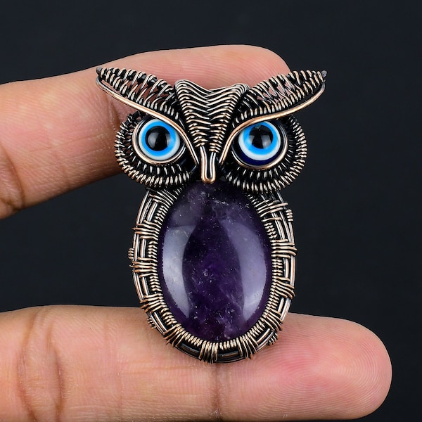 African Amethyst Owl Pendant Copper Wire Wrapped Pendant Genuine Gemstone Designer Handcrafted Copper Jewelry Gift Purple Amethyst Pendant