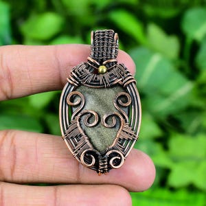 Golden Sheen Obsidian Pendant: Wire Wrapped Copper Jewelry