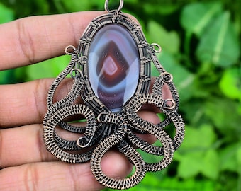 Lake Superior Agate Octopus Pendant, Pink Gemstone Pendant, Wire Wrap Pendant, Copper Jewelry, Birthday Gift, Pendant For Mother