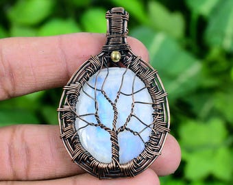 Rainbow Moonstone Tree of Life Pendant: Wire Wrapped Copper Jewelry