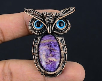 Charoite Eule Anhänger Kupferdraht Eingewickelt Anhänger Natürlicher Edelstein Handgefertigte Kupferdraht Schmuck Charoite Anhänger Für Geschenk CRP44