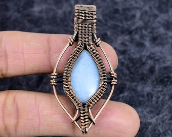 Blue Angelite Pendant Genuine Gemstone Handmade Copper Wire Wrap Bohemian Jewelry