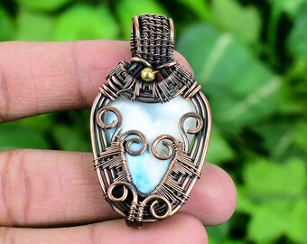 Caribbean Larimar Pendant: Handmade Wire Wrapped Copper Jewelry